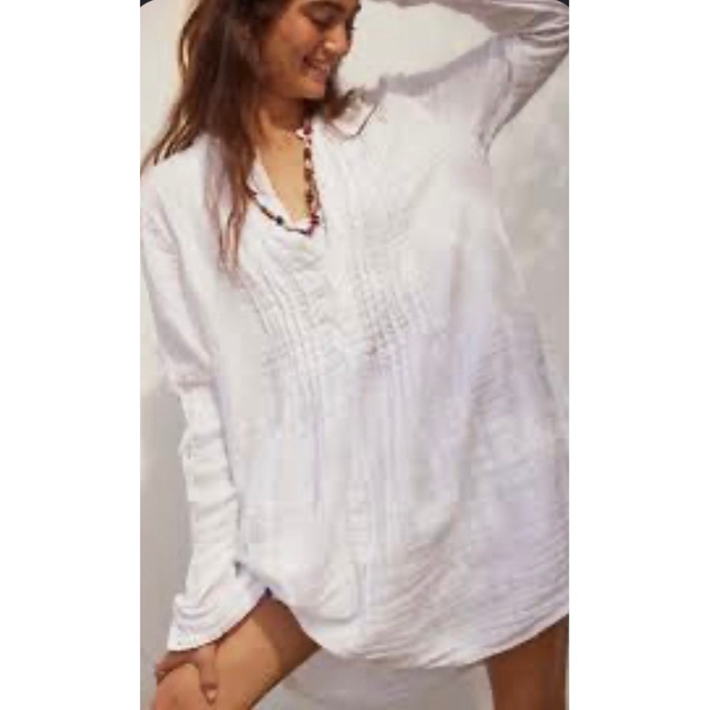 Free People CP Shades White Cotton Double Gauze Pintuck Tunic Top Size M USA